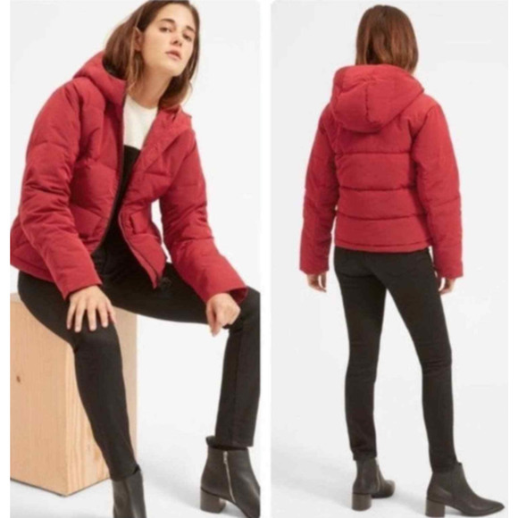 Everlane Jackets & Blazers - Everlane Red Hooded Full Zip Brick Red Jacket Size M/L Boxy Short Warm Pockets